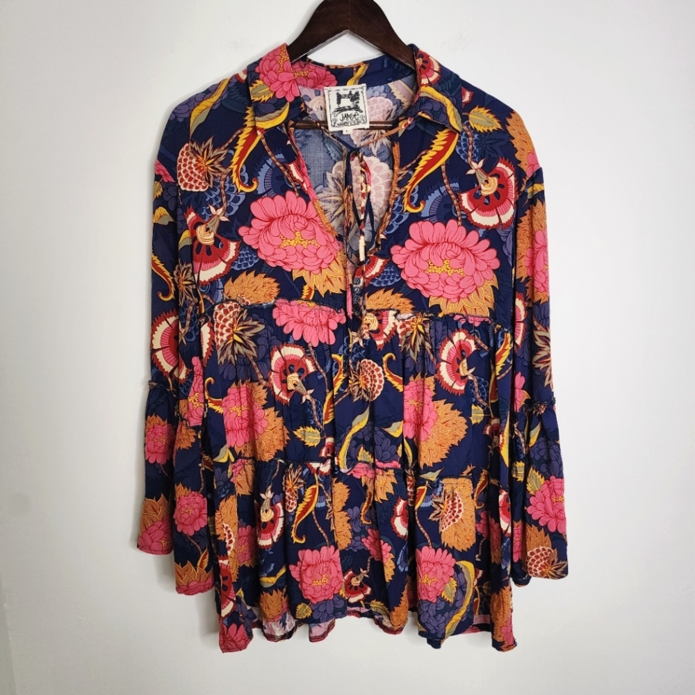 Jaase Blue Floral Bohemian Oversized Bell Sleeve Blouse Med Festival Hippie